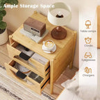 Costway Table de Chevet 1/2 PCS en Bambou avec 2 Tiroirs de Rangement et Façades en Verre Trempé Cannelé pour Chambre à Coucher