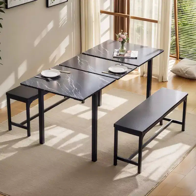 Ensemble table de cuisine extensible 3 pièces VECELO 63" avec bancs, salle à manger moderne pour 8/6/4 personnes, noir/marron/blanc