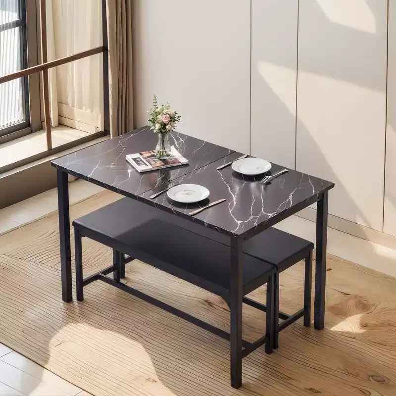 Ensemble table de cuisine extensible 3 pièces VECELO 63" avec bancs, salle à manger moderne pour 8/6/4 personnes, noir/marron/blanc