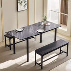 Ensemble table de cuisine extensible 3 pièces VECELO 63" avec bancs, salle à manger moderne pour 8/6/4 personnes, noir/marron/blanc