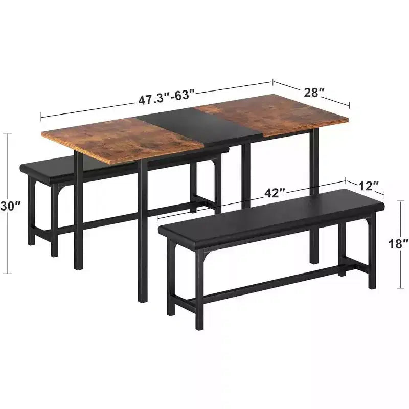 Ensemble table de cuisine extensible 3 pièces VECELO 63" avec bancs, salle à manger moderne pour 8/6/4 personnes, noir/marron/blanc