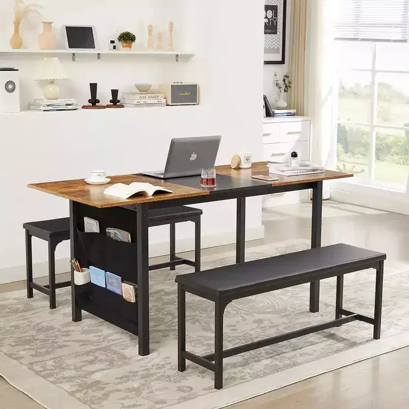 Ensemble table de cuisine extensible 3 pièces VECELO 63" avec bancs, salle à manger moderne pour 8/6/4 personnes, noir/marron/blanc