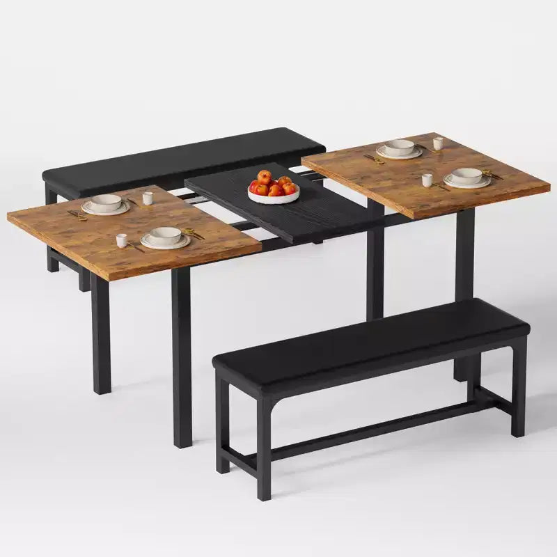 Ensemble table de cuisine extensible 3 pièces VECELO 63" avec bancs, salle à manger moderne pour 8/6/4 personnes, noir/marron/blanc