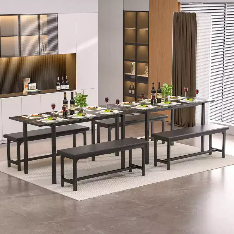 Ensemble table de cuisine extensible 3 pièces VECELO 63" avec bancs, salle à manger moderne pour 8/6/4 personnes, noir/marron/blanc