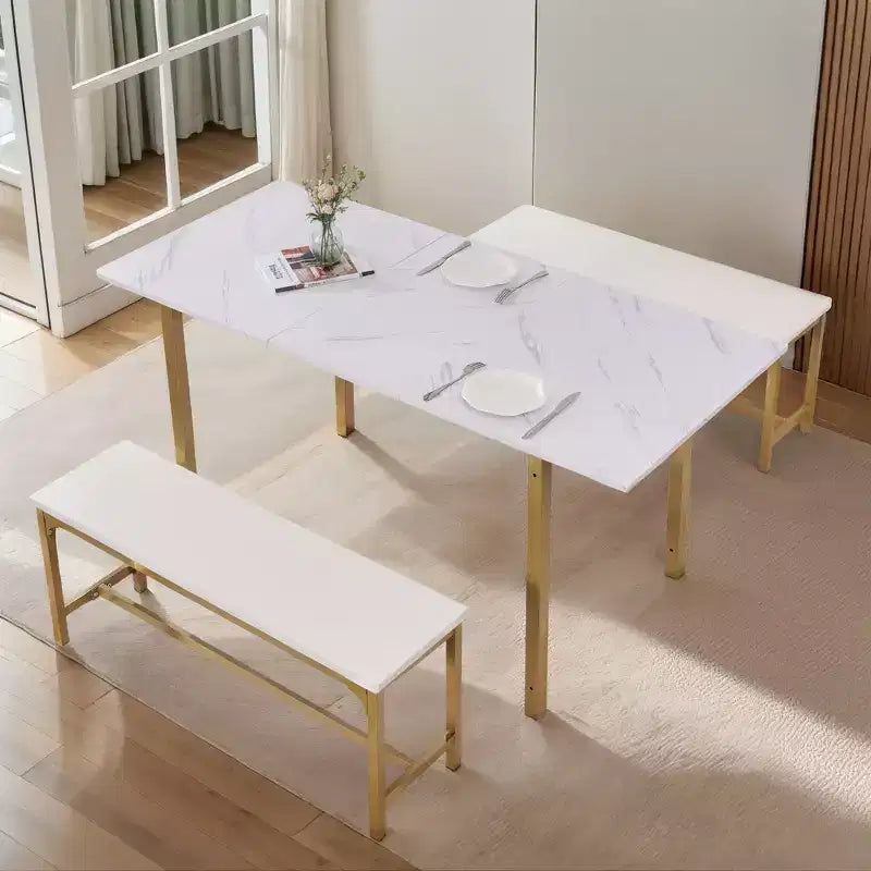 Ensemble table de cuisine extensible 3 pièces VECELO 63" avec bancs, salle à manger moderne pour 8/6/4 personnes, noir/marron/blanc