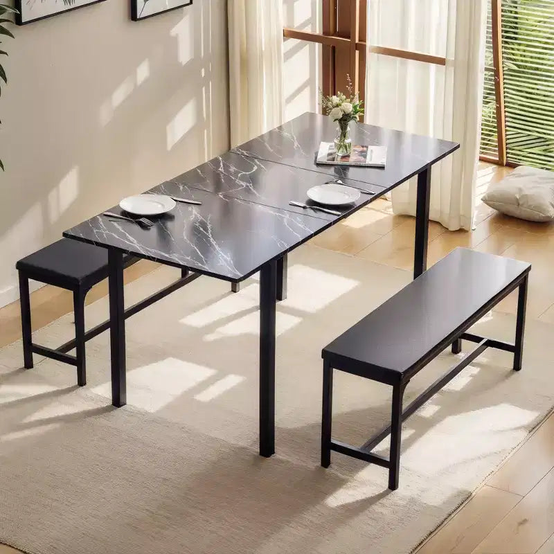 Ensemble table de cuisine extensible 3 pièces VECELO 63" avec bancs, salle à manger moderne pour 8/6/4 personnes, noir/marron/blanc