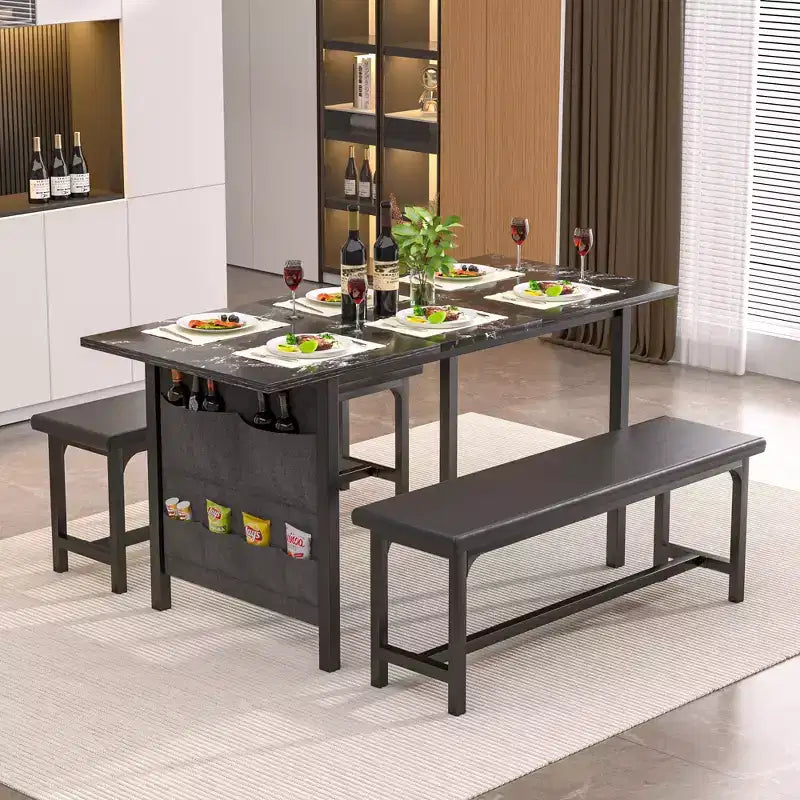 VECELO 3-Piece 63 Extendable Kitchen Table with Benches Chairs, Modern Breakfast Dinette Dining Room Set for 8/6/4, Black/Brown/White