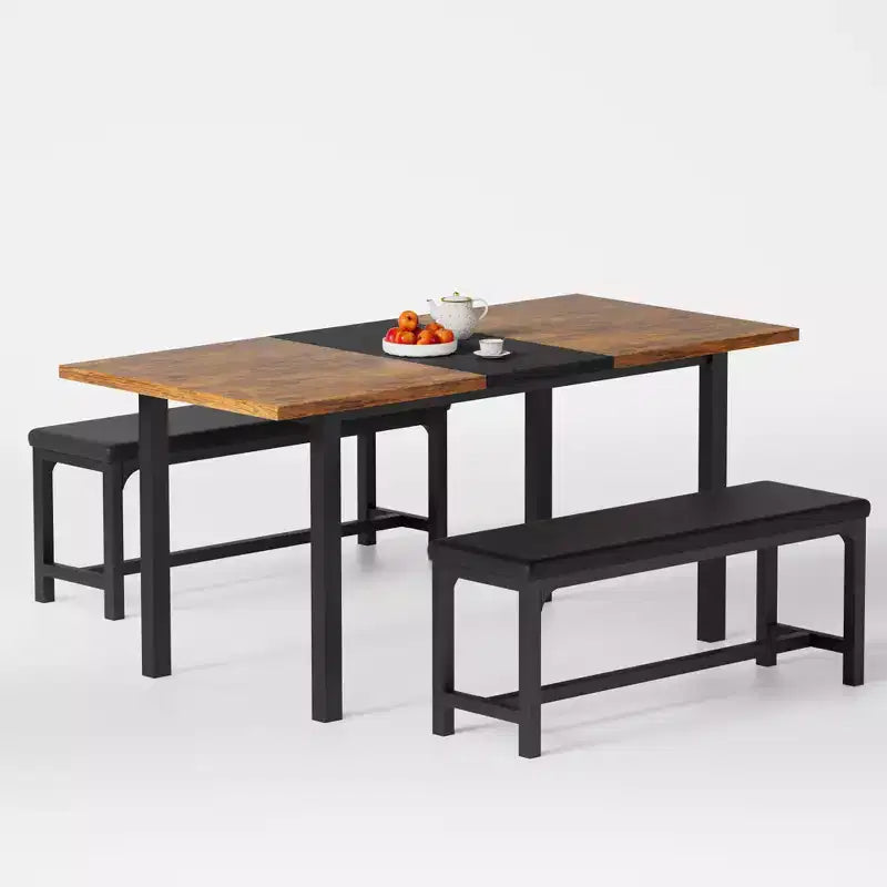 Ensemble table de cuisine extensible 3 pièces VECELO 63" avec bancs, salle à manger moderne pour 8/6/4 personnes, noir/marron/blanc