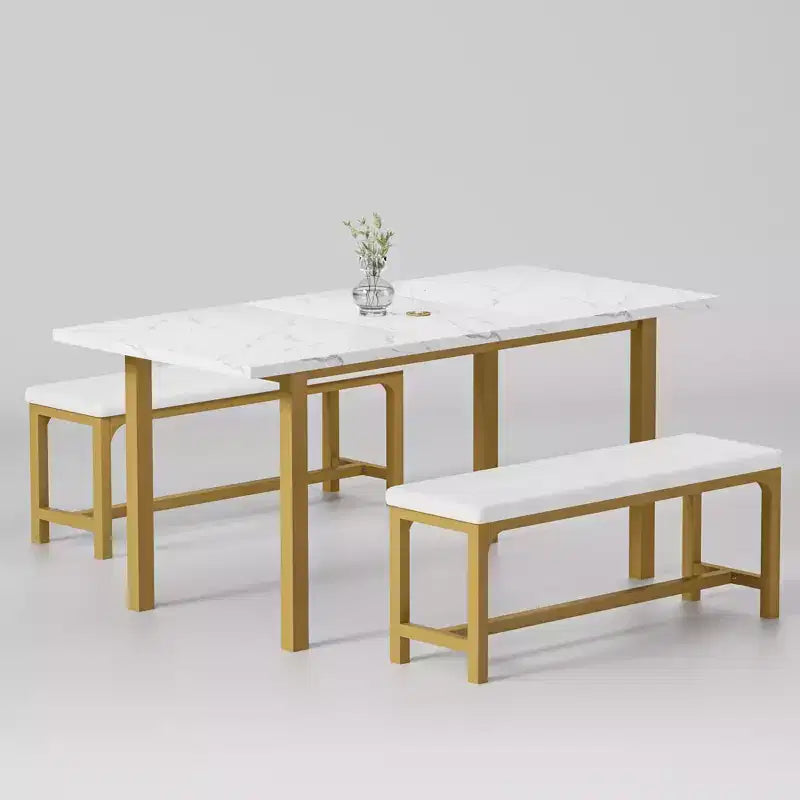 Ensemble table de cuisine extensible 3 pièces VECELO 63" avec bancs, salle à manger moderne pour 8/6/4 personnes, noir/marron/blanc