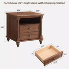 Table de chevet de ferme 24 po avec station de recharge, table d'appoint carrée avec 4 pieds en bois massif et 2 tiroirs pour salon, chambre à coucher