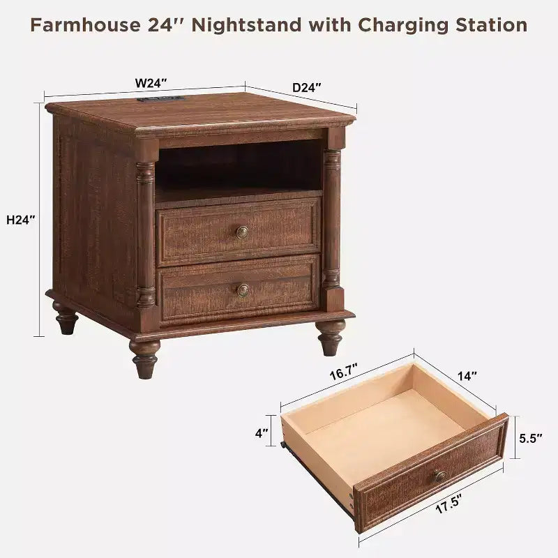 Table de chevet de ferme 24 po avec station de recharge, table d'appoint carrée avec 4 pieds en bois massif et 2 tiroirs pour salon, chambre à coucher