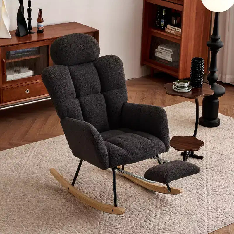 Fauteuil à bascule et planeur rembourré en tissu Teddy, fauteuil d'appoint moderne du milieu du siècle avec dossier haut et oreillers - ModernLuxe