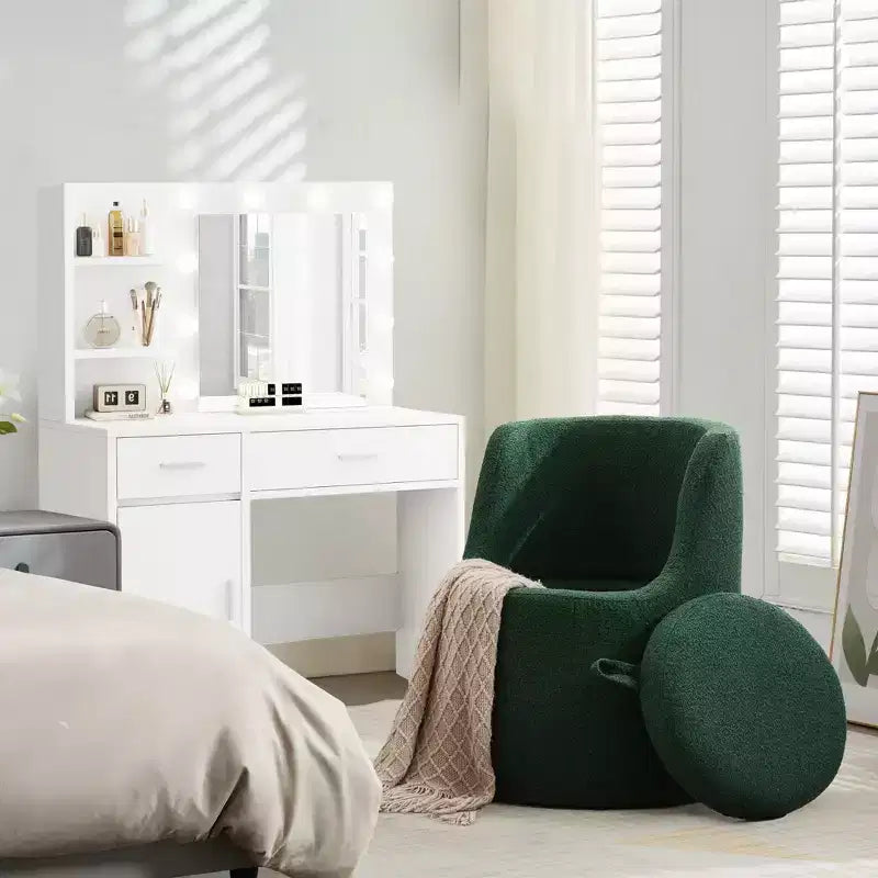 HYLEORY Pouf de maquillage avec rangement, tabouret de vanité rembourré avec dossier pliable, repose-pieds cylindrique moderne pour salon et chambre à coucher