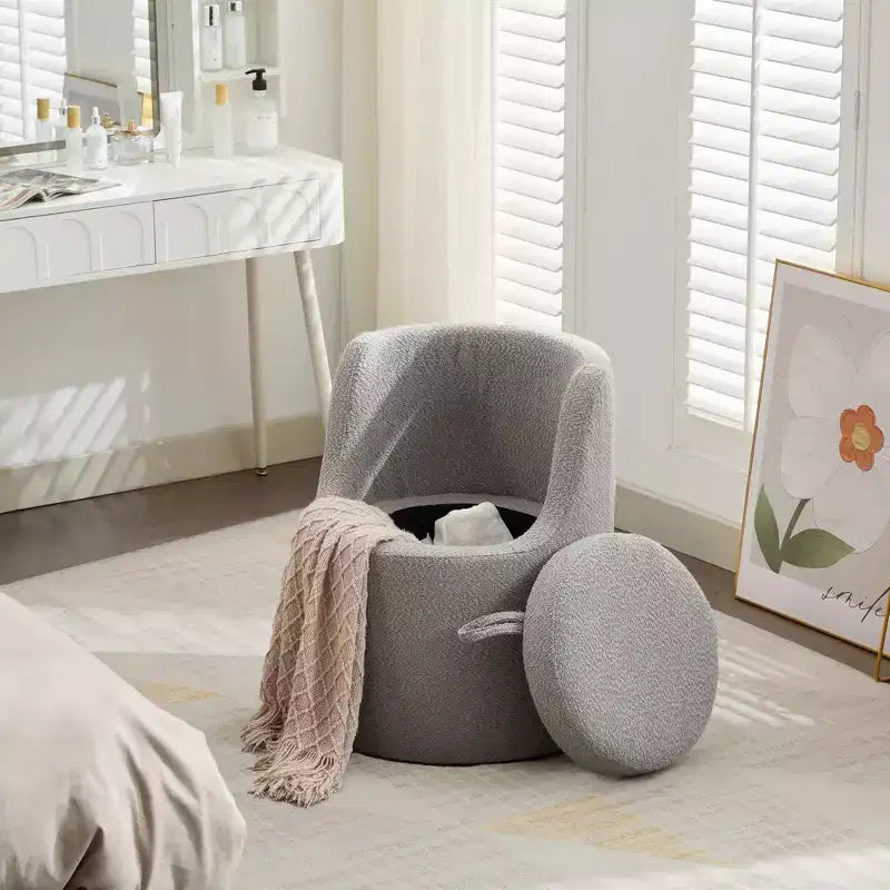 HYLEORY Pouf de maquillage avec rangement, tabouret de vanité rembourré avec dossier pliable, repose-pieds cylindrique moderne pour salon et chambre à coucher