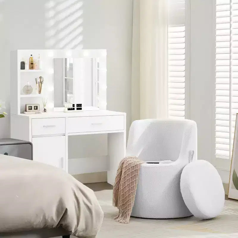 HYLEORY Pouf de maquillage avec rangement, tabouret de vanité rembourré avec dossier pliable, repose-pieds cylindrique moderne pour salon et chambre à coucher