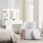 HYLEORY Pouf de maquillage avec rangement, tabouret de vanité rembourré avec dossier pliable, repose-pieds cylindrique moderne pour salon et chambre à coucher