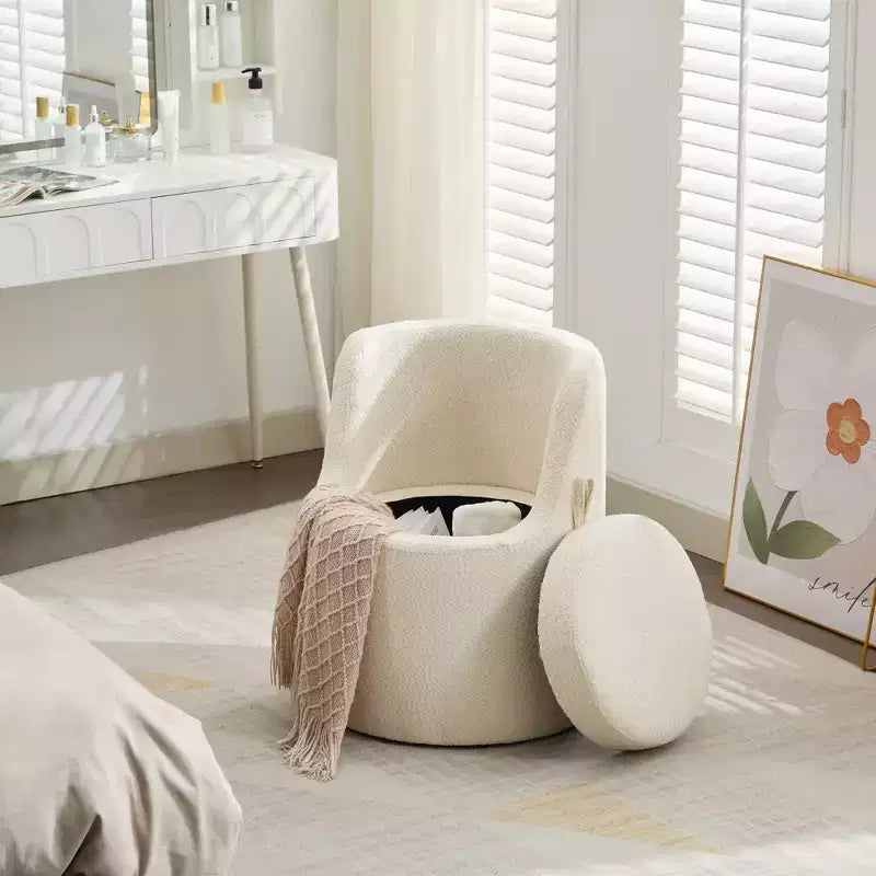 HYLEORY Pouf de maquillage avec rangement, tabouret de vanité rembourré avec dossier pliable, repose-pieds cylindrique moderne pour salon et chambre à coucher