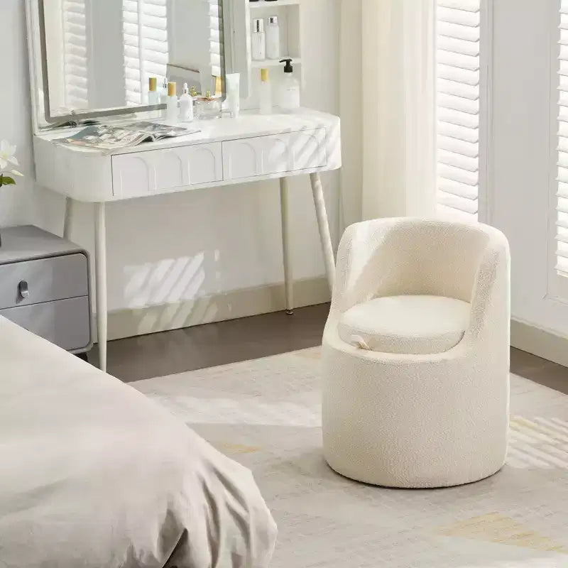 HYLEORY Makeup Ottoman with Storage, Upholstered Vanity Stool with Foldable Backrest Modern Cylindrical Footrest Stool for Living Room Bedroom