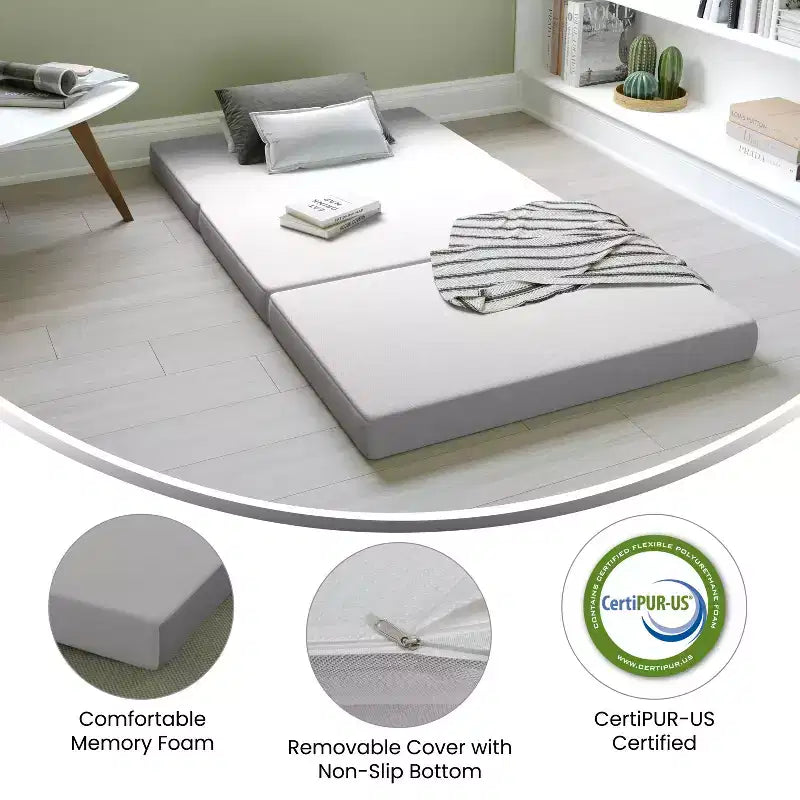 Matelas Emma et Oliver Cooling Tri-Fold en mousse à mémoire de forme en boîte avec base en mousse de soutien et housse lavable