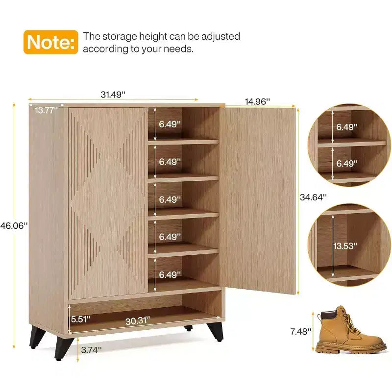 Meuble de rangement pour chaussures à 6 niveaux avec portes, étagère à chaussures en bois avec étagère réglable