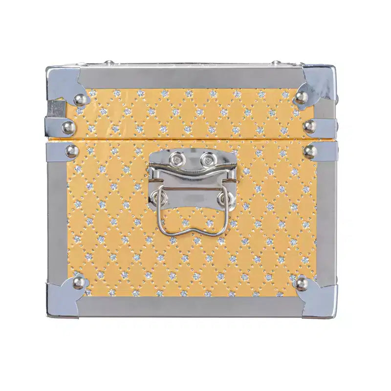 Petit coffre de rangement décoratif en bois avec accents métalliques, or et argent