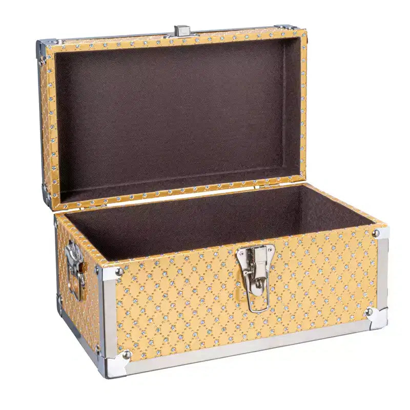 Petit coffre de rangement décoratif en bois avec accents métalliques, or et argent
