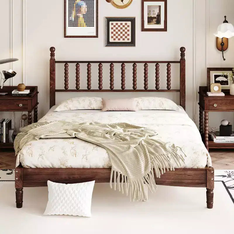 Lit plateforme en bois Queen size avec tête de lit en forme de calebasse, lit de style rétro avec support à lattes en bois - ModernLuxe