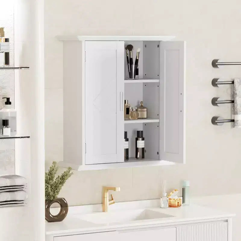 VECELO Meuble Mural de Salle de Bain en Bois avec Étagères Réglables et 2 Portes, Armoire à Pharmacie de Salle de Bain, Blanc