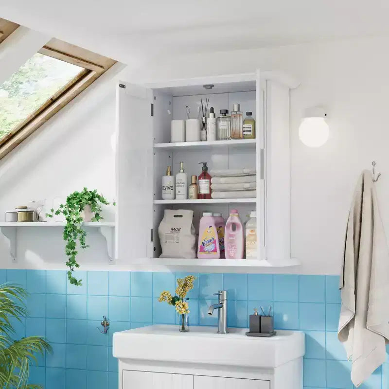 VECELO Meuble Mural de Salle de Bain en Bois avec Étagères Réglables et 2 Portes, Armoire à Pharmacie de Salle de Bain, Blanc