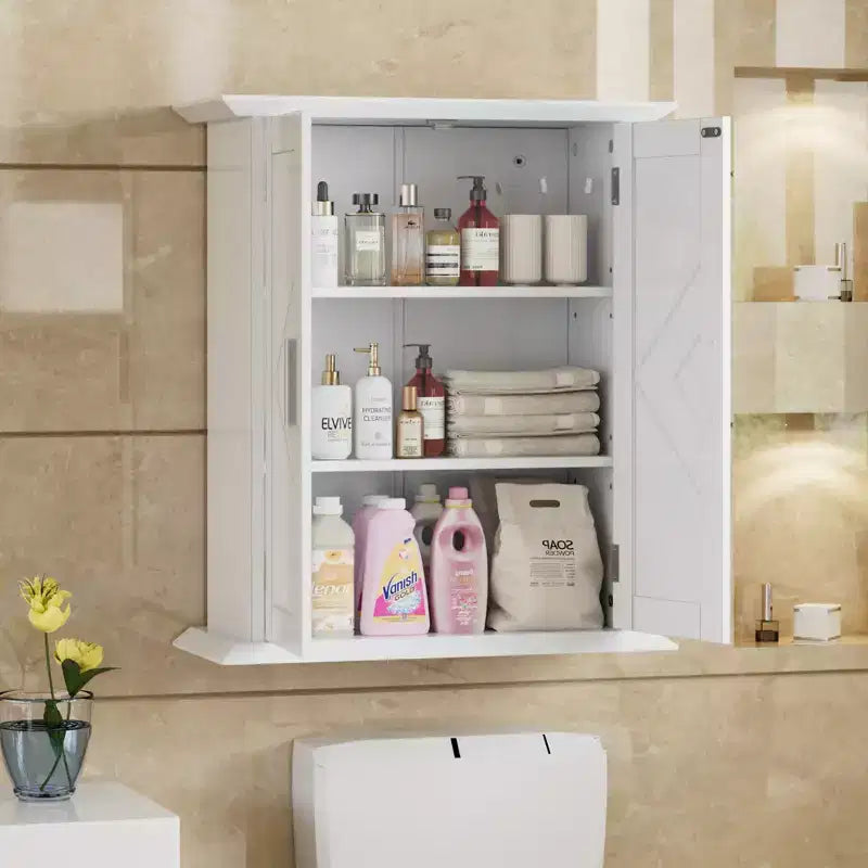 VECELO Meuble Mural de Salle de Bain en Bois avec Étagères Réglables et 2 Portes, Armoire à Pharmacie de Salle de Bain, Blanc