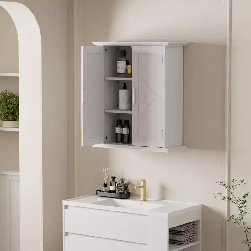 VECELO Meuble Mural de Salle de Bain en Bois avec Étagères Réglables et 2 Portes, Armoire à Pharmacie de Salle de Bain, Blanc