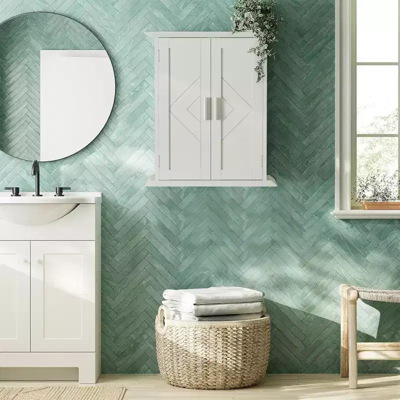 VECELO Meuble Mural de Salle de Bain en Bois avec Étagères Réglables et 2 Portes, Armoire à Pharmacie de Salle de Bain, Blanc