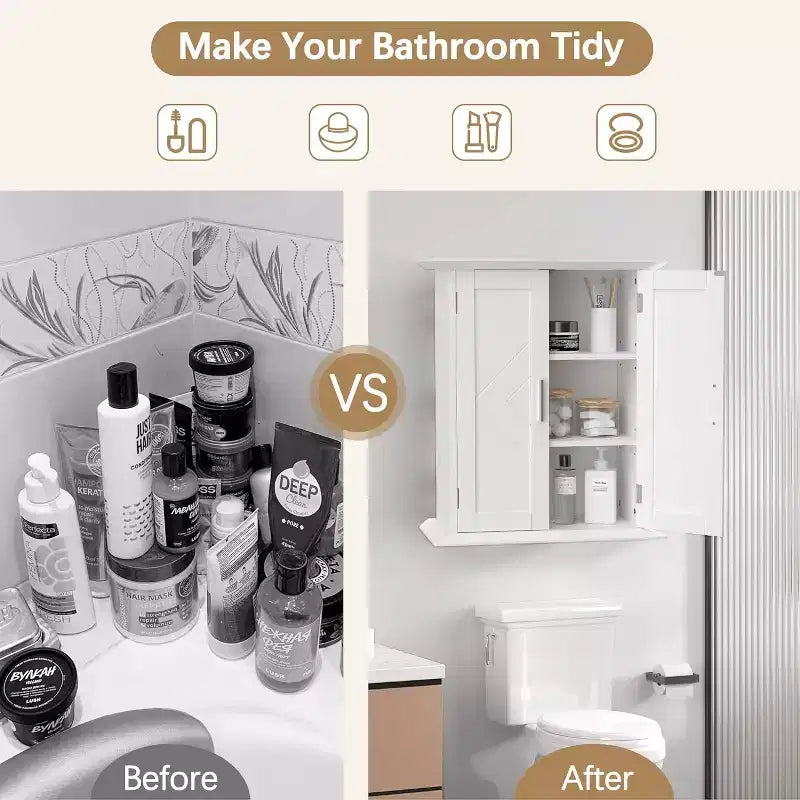VECELO Meuble Mural de Salle de Bain en Bois avec Étagères Réglables et 2 Portes, Armoire à Pharmacie de Salle de Bain, Blanc