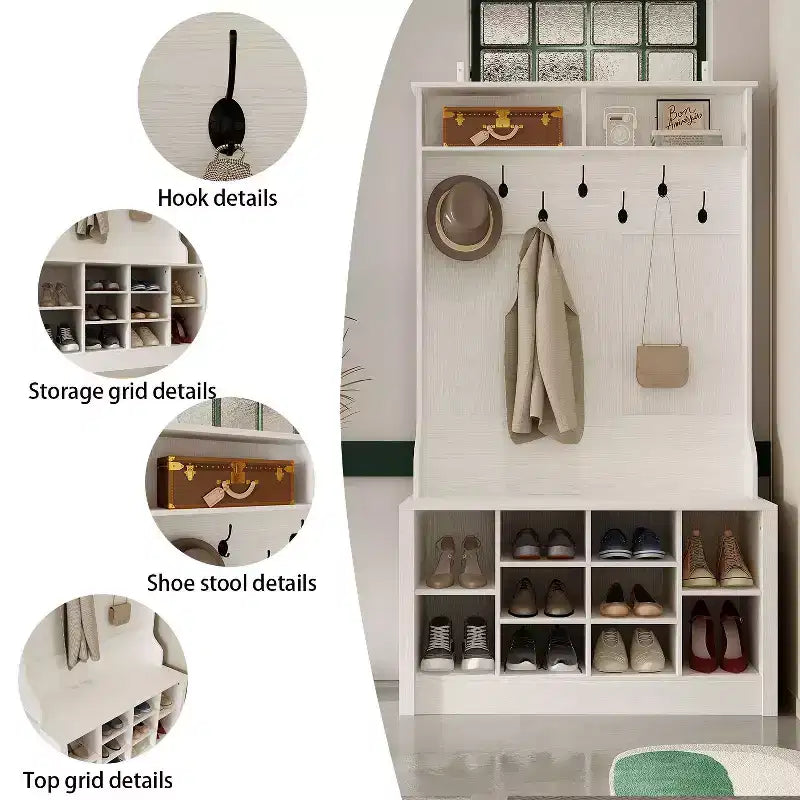 Banc d'entrée 3-en-1 Famapy en bois avec doubles patères et étagères