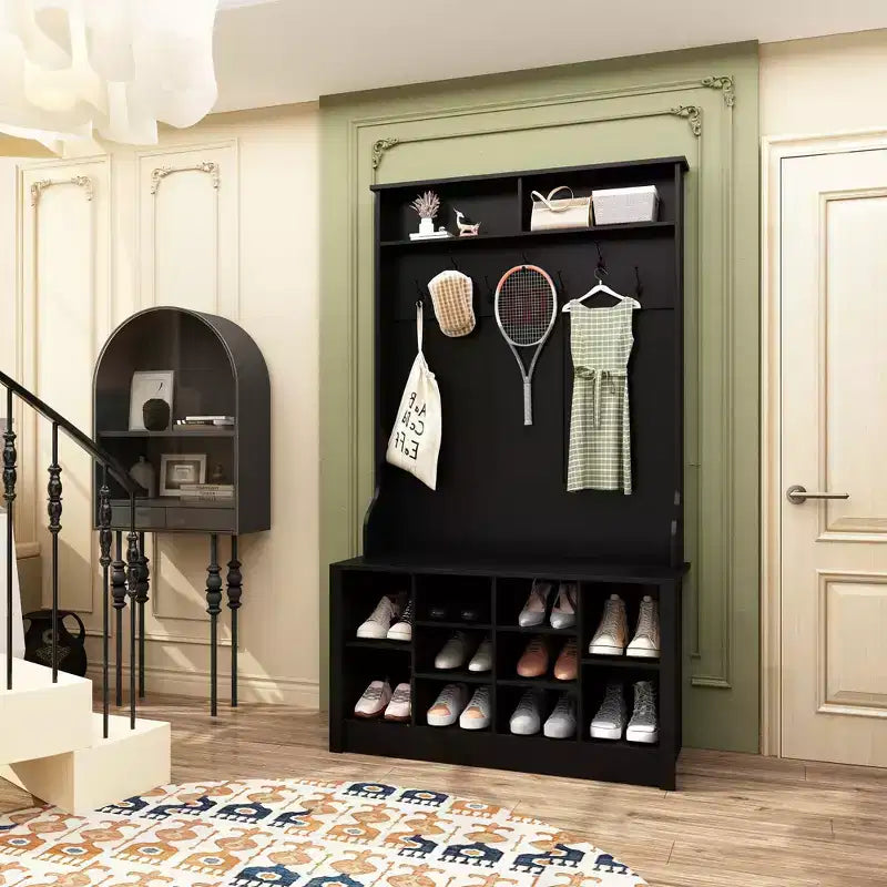 Banc d'entrée 3-en-1 Famapy en bois avec doubles patères et étagères