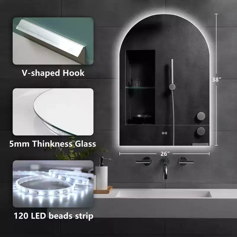 Miroir de vanité de salle de bain PexFix Arch sans cadre à LED anti-buée et intensité réglable