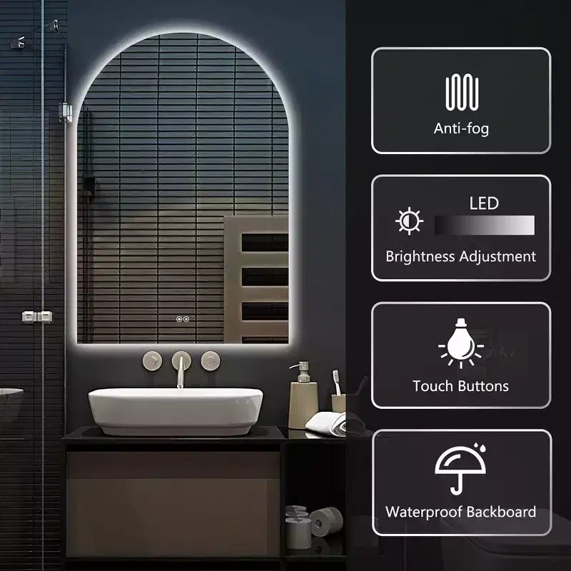 Miroir de vanité de salle de bain PexFix Arch sans cadre à LED anti-buée et intensité réglable