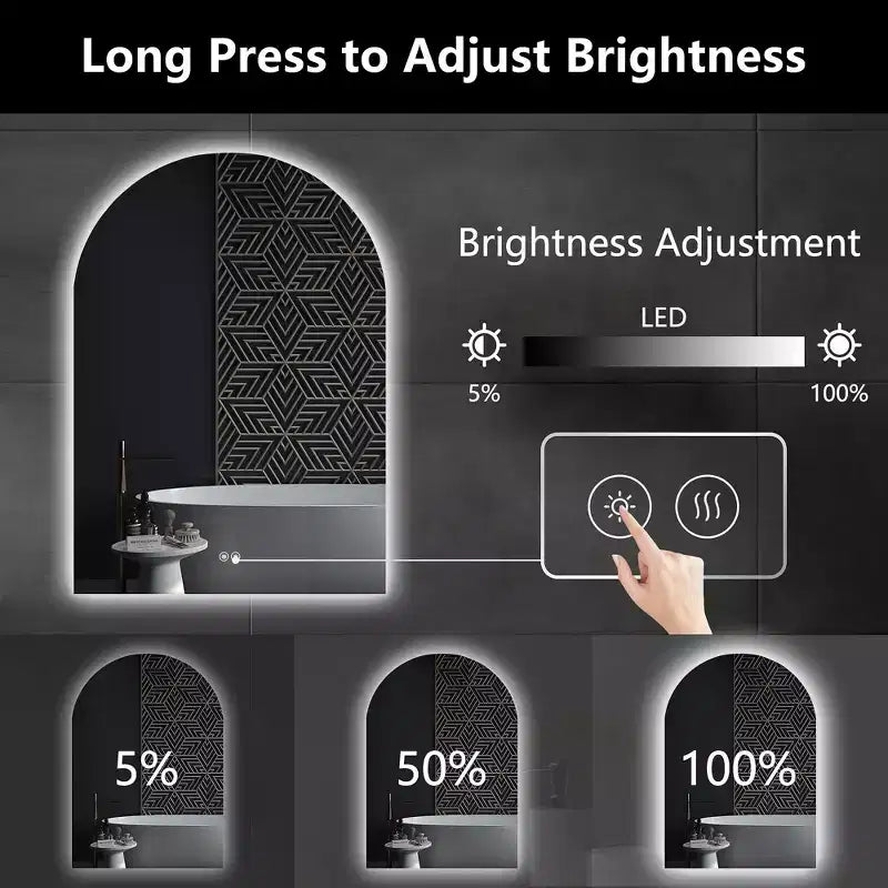 Miroir de vanité de salle de bain PexFix Arch sans cadre à LED anti-buée et intensité réglable