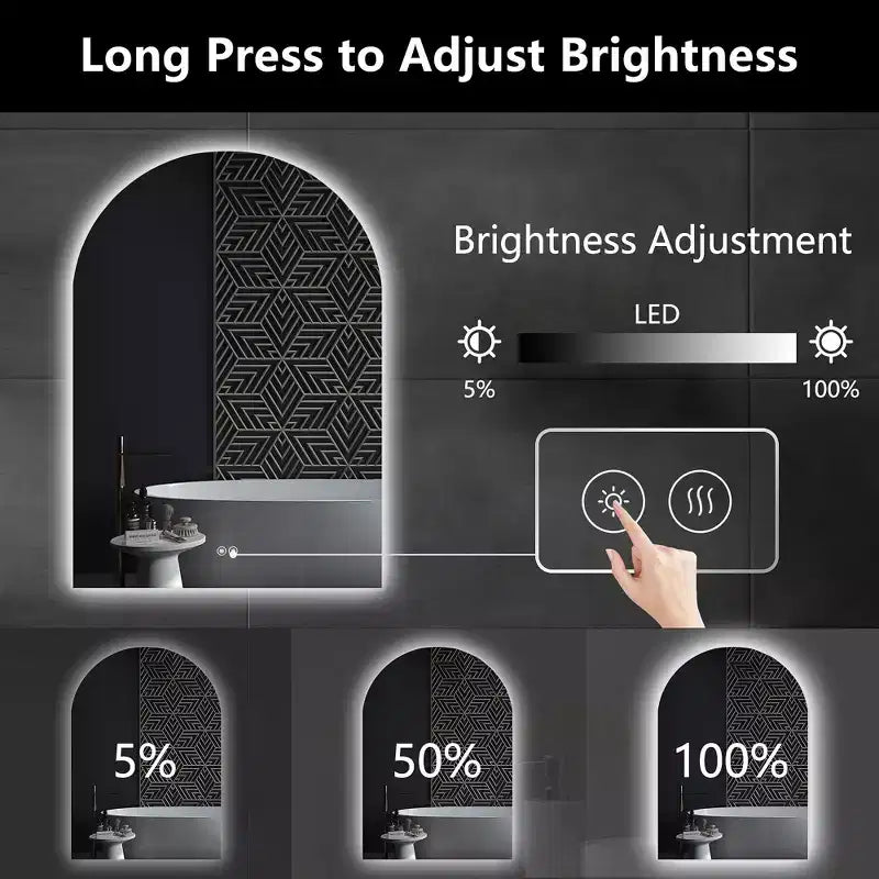 Miroir de vanité de salle de bain PexFix Arch sans cadre à LED anti-buée et intensité réglable