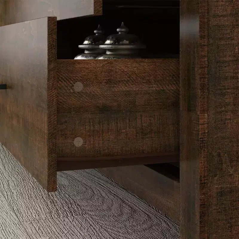 Commode horizontale Hitow à 6 tiroirs avec grain de bois et poignées noires pour le rangement du salon