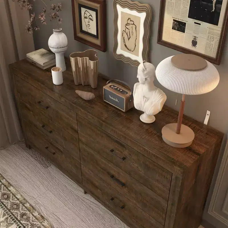 Commode horizontale Hitow à 6 tiroirs avec grain de bois et poignées noires pour le rangement du salon