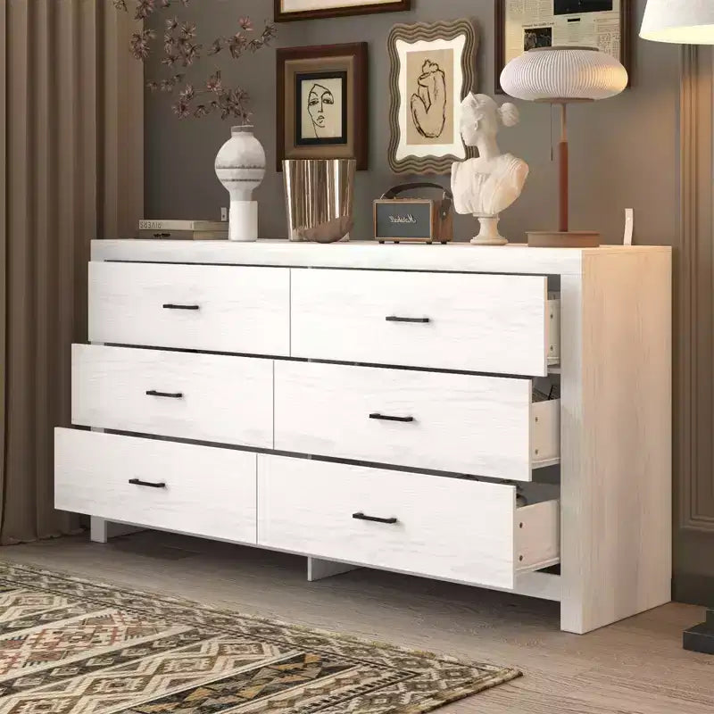 Commode horizontale Hitow à 6 tiroirs avec grain de bois et poignées noires pour le rangement du salon