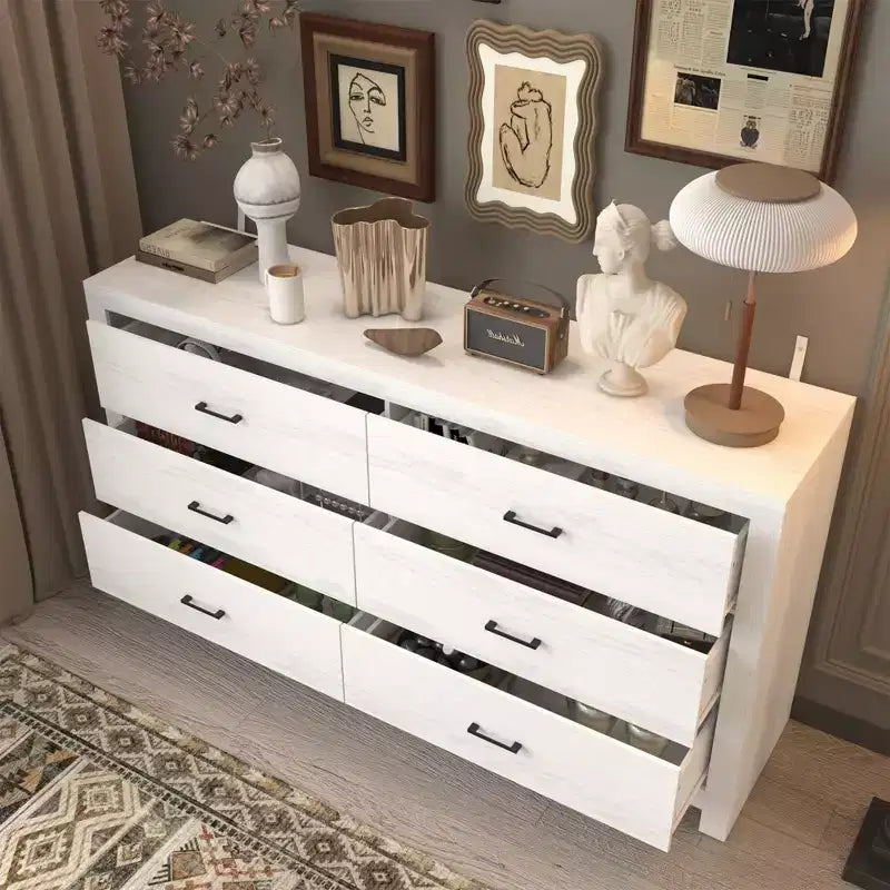 Commode horizontale Hitow à 6 tiroirs avec grain de bois et poignées noires pour le rangement du salon
