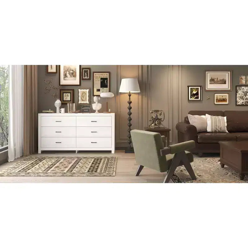 Commode horizontale Hitow à 6 tiroirs avec grain de bois et poignées noires pour le rangement du salon