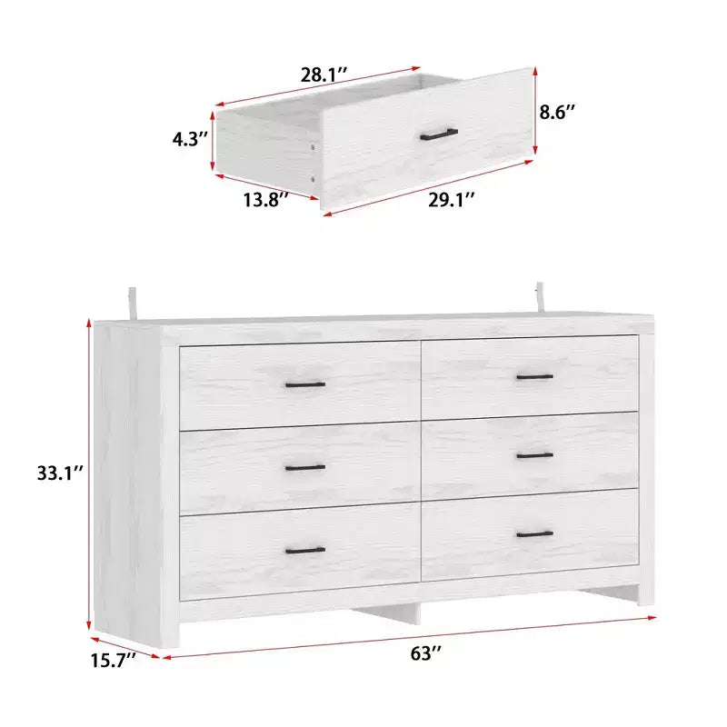 Commode horizontale Hitow à 6 tiroirs avec grain de bois et poignées noires pour le rangement du salon