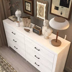 Commode horizontale Hitow à 6 tiroirs avec grain de bois et poignées noires pour le rangement du salon
