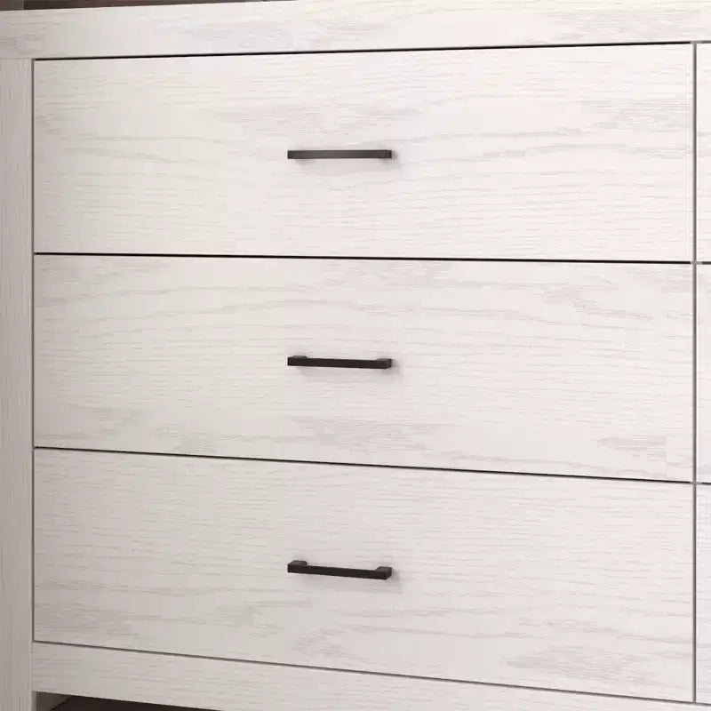 Commode horizontale Hitow à 6 tiroirs avec grain de bois et poignées noires pour le rangement du salon