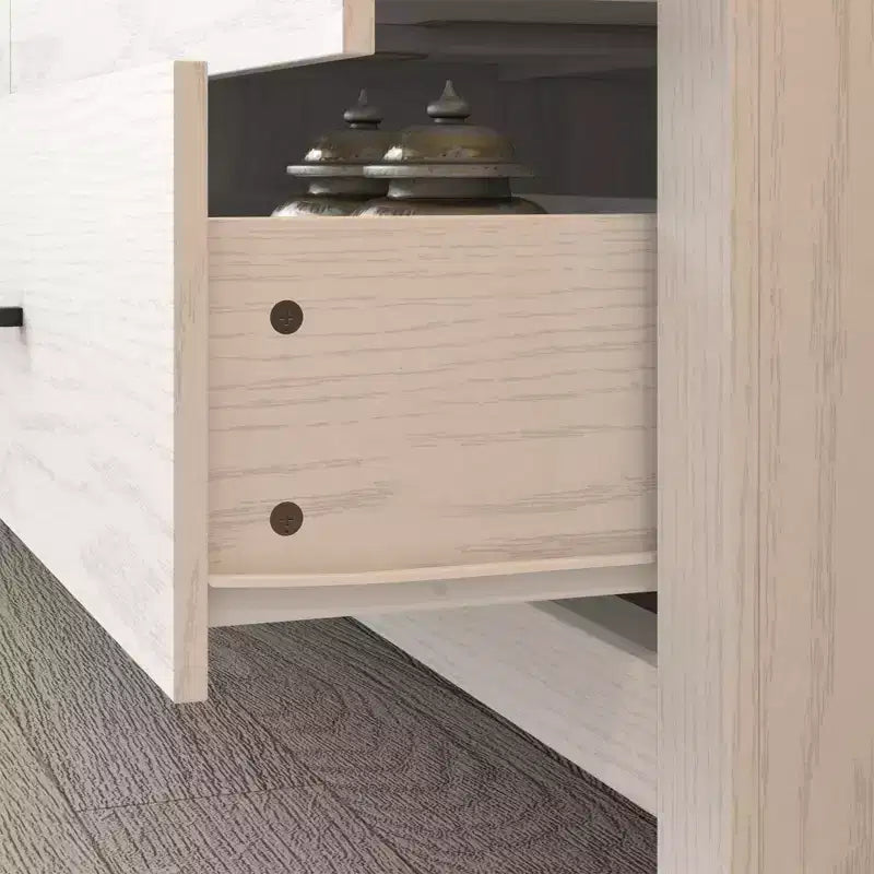 Commode horizontale Hitow à 6 tiroirs avec grain de bois et poignées noires pour le rangement du salon