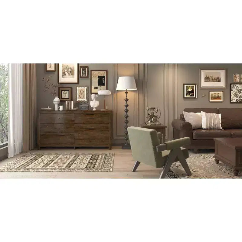 Commode horizontale Hitow à 6 tiroirs avec grain de bois et poignées noires pour le rangement du salon