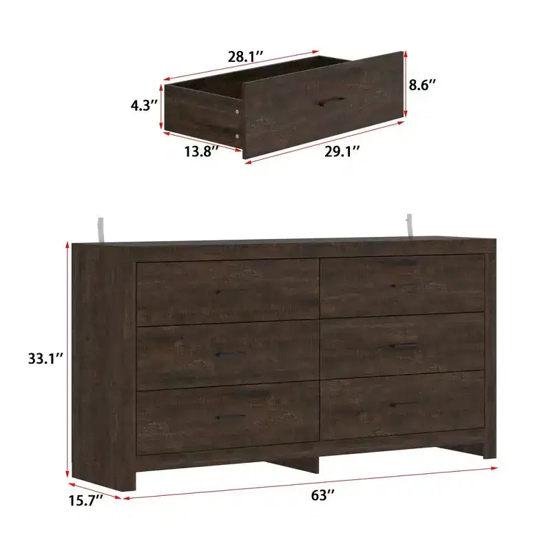 Commode horizontale Hitow à 6 tiroirs avec grain de bois et poignées noires pour le rangement du salon